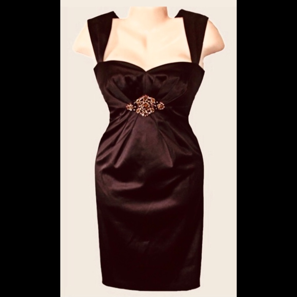 Vintage ELIZA J Brown Satin Empire Waist Rhinestone Sweetheart Neck Dress Size 8